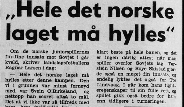 A-landslagssjef Ragnar Larsen roste juniorlandslaget etter seieren i Halmstad. Faksimile Bergens Arbeiderblad 29.07.65.